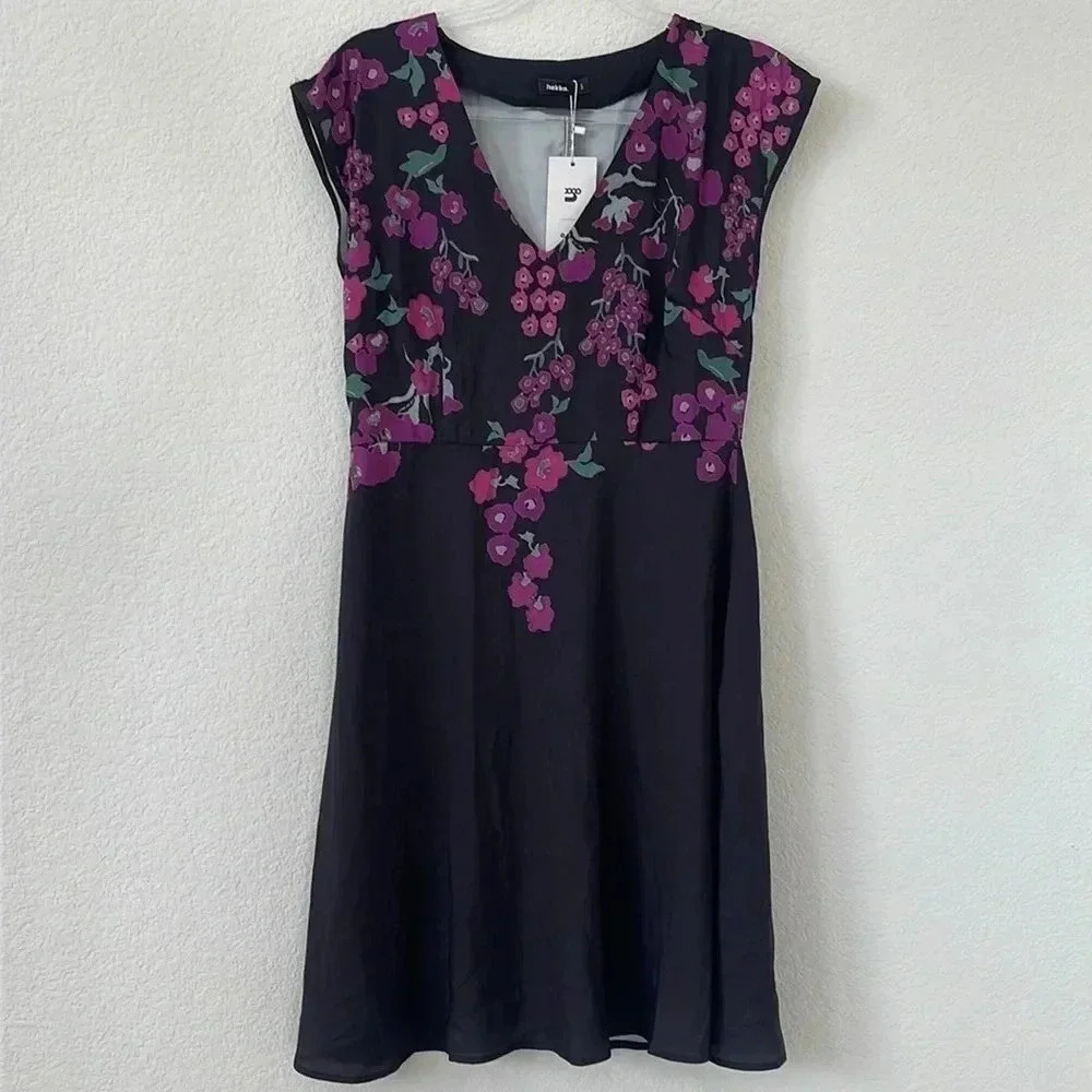 NWT| Hekka | Black and Purple Floral Dress | Sz S